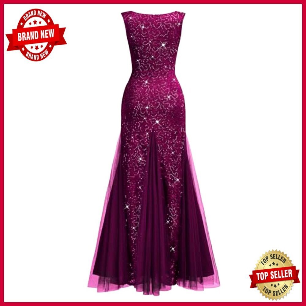 Elegant Sequin Lace Evening Dress V Neck Sleeveless Formal Party Gown - Picture 4 of 7